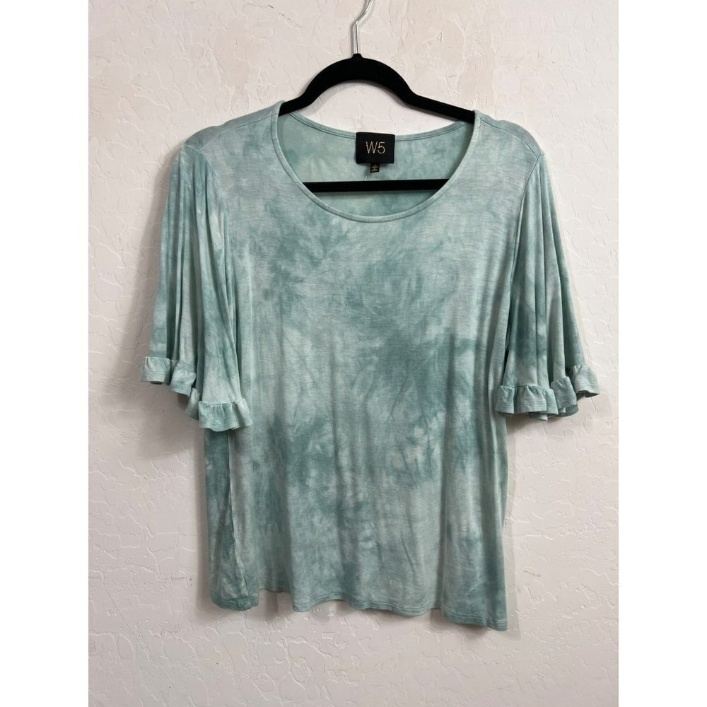 W5 Small Light Green Tie Die Ruffle Sleeve Flutter Sleeve Top Blouse Tee